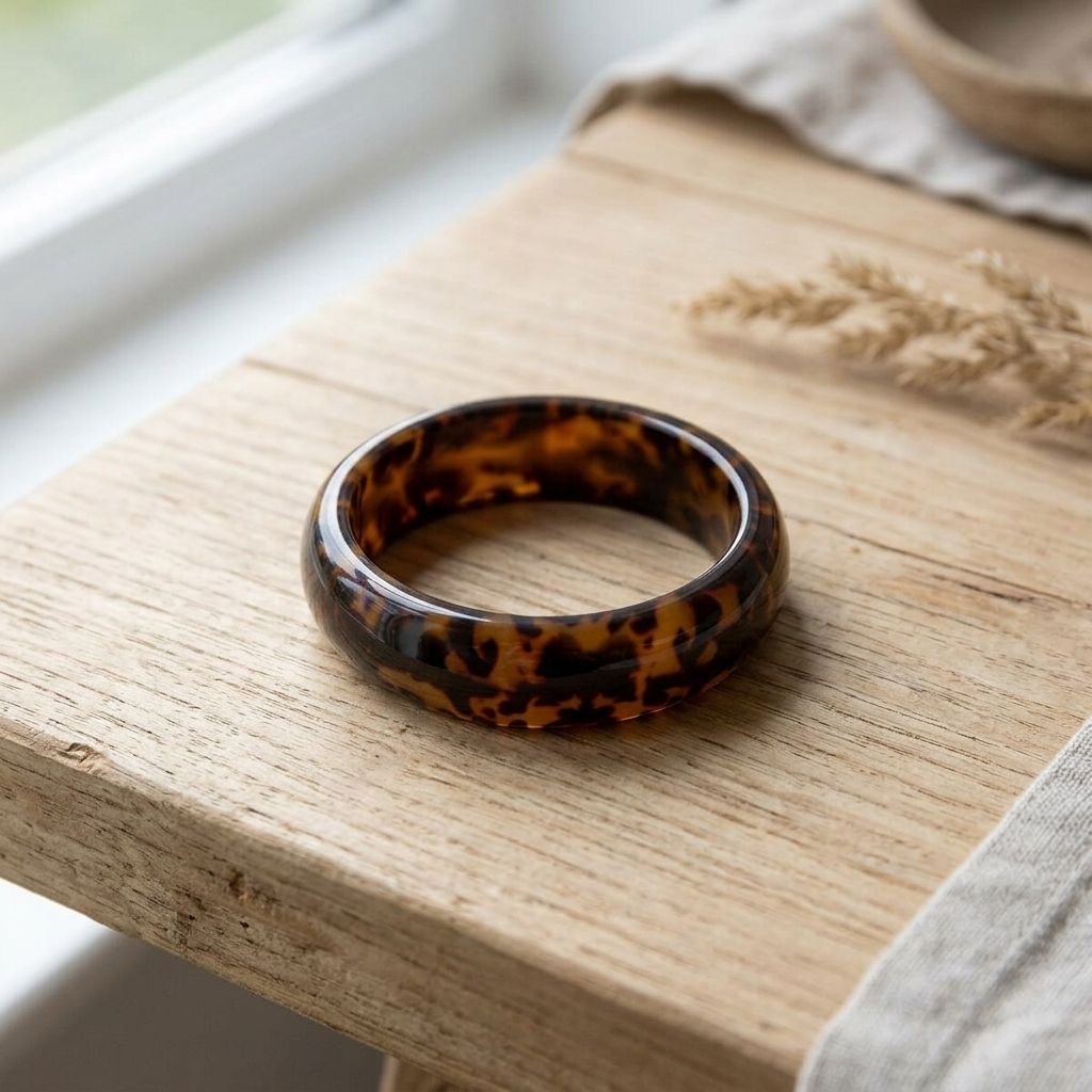 Close-up of Wild Child Leopard Bangle made of resin with animal print pattern on a natural wooden surface with soft natural lighting.