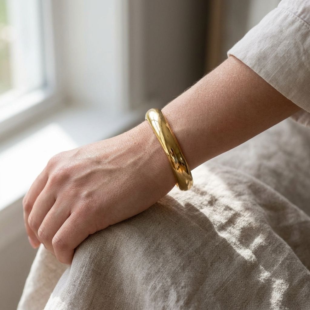 Woman's wrist wearing the Irregular Gold Vibe bracelet resting on neutral fabric, showcasing modern design and organic asymmetry.